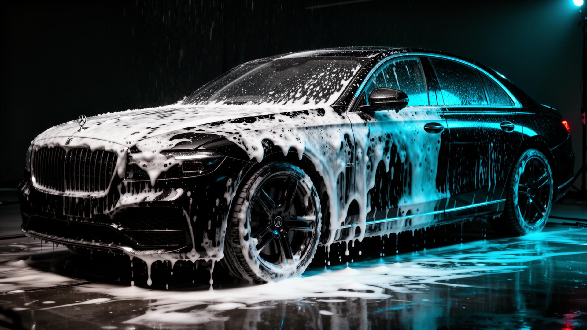 Black luxury sedan covered in foam being washed